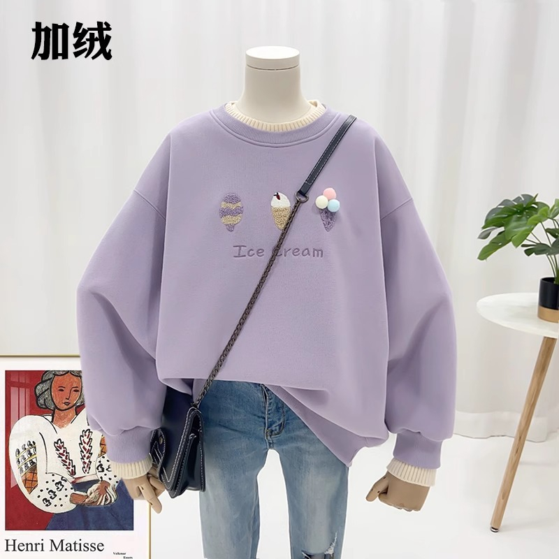 原版做工2023年新款衛衣韓版寬鬆植絨冰淇淋假兩件加絨大碼女裝