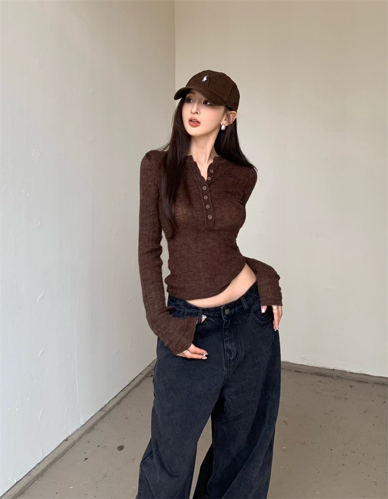 實拍  復古氣質美式設計感紐扣針織毛衣上衣