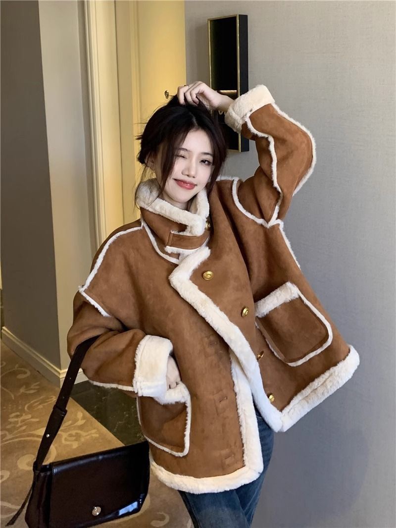 Fur one-piece coat for women winter 2023 new sweet little fragrance plus velvet thickening loose warm stand collar coat