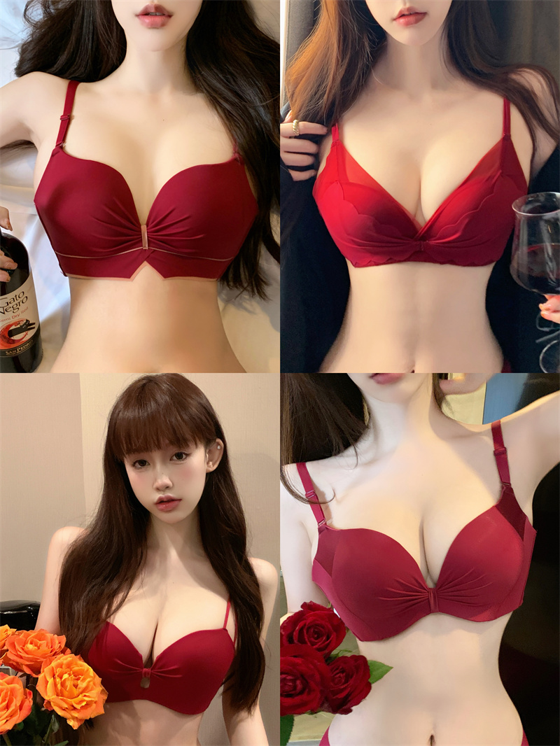 Real shot of red underwear, push-up, seamless, rimless, zodiac year wedding bridal bra set