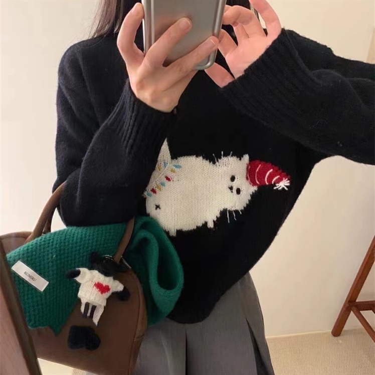 日系圓領聖誕貓刺繡套頭毛衣女秋冬季新款寬鬆甜美百搭針織衫上衣