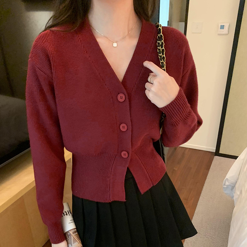 實拍圖紅色排扣韓版寬鬆百搭休閒毛衣外套女秋冬2023新款針織衫
