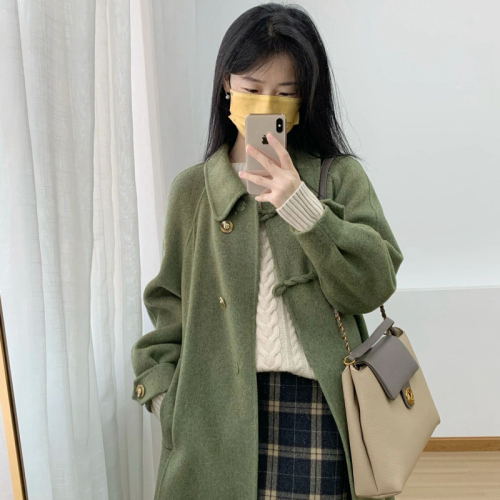  new design moss green French retro woolen coat for women autumn high-end vintage woolen coat for women