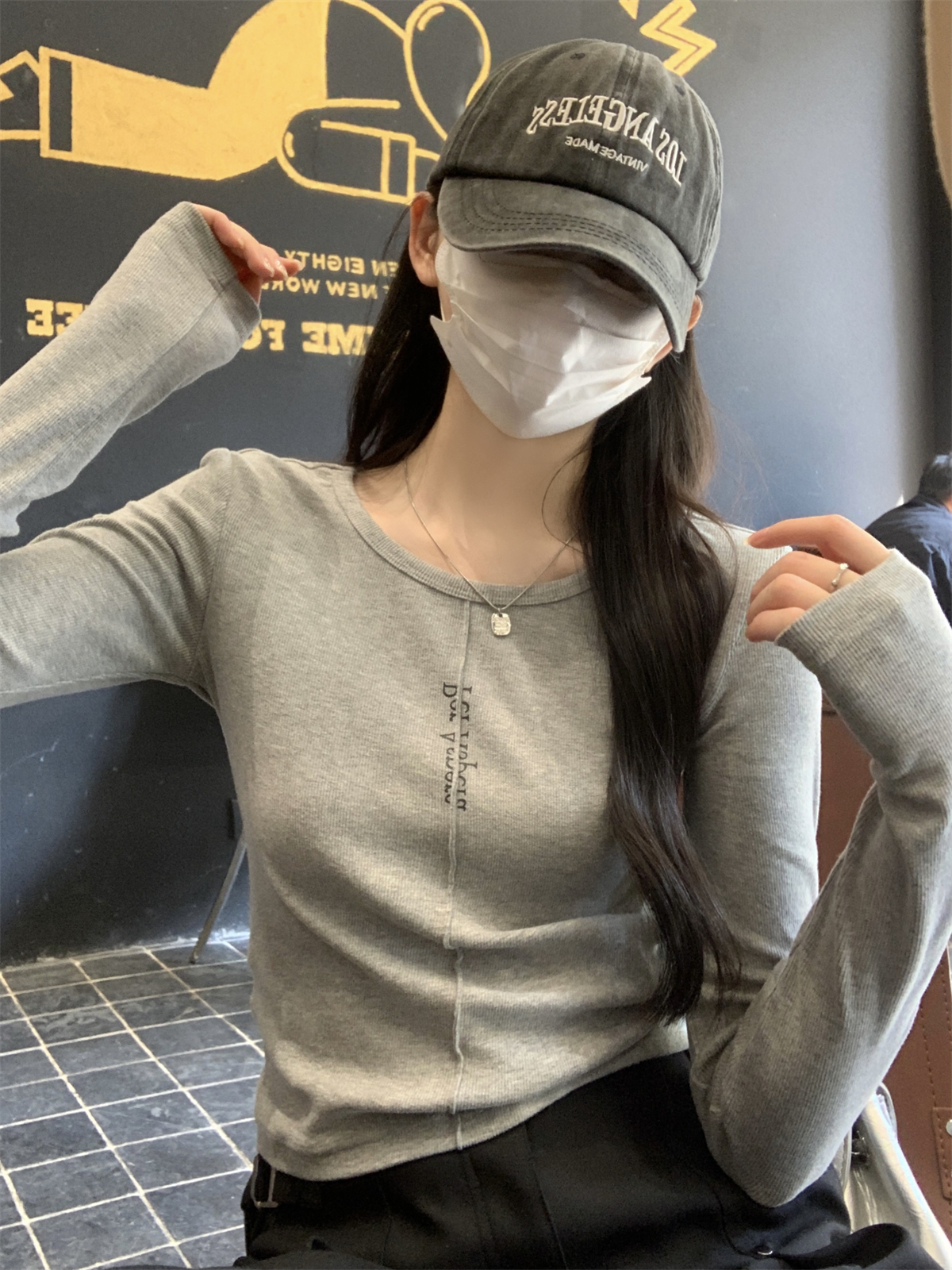 實拍 秋冬韓版修身圓領簡約字母顯瘦抓絨純棉內搭T恤打底上衣