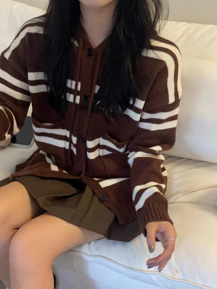 連帽條紋咖色針織開衫女秋冬韓系寬鬆慵懶風大碼軟糯毛衣外套上衣