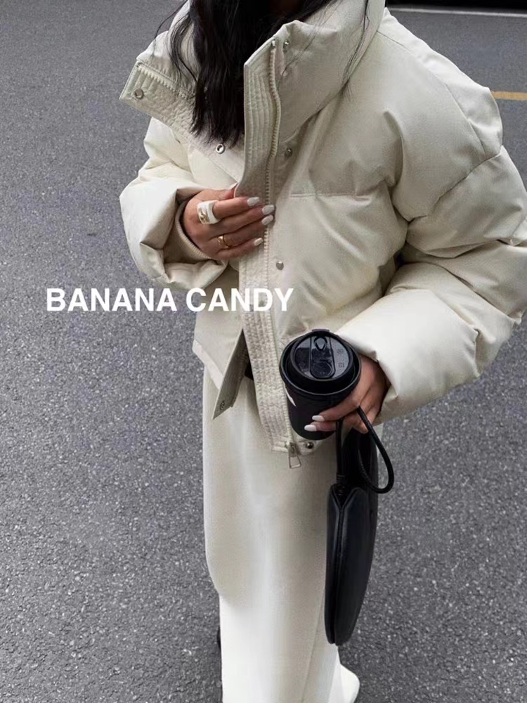 French high-end short cotton coat for women winter warm stand-up collar small coat bread coat solid color coat