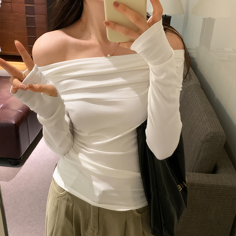 實拍圖設計感小眾純欲一字肩上衣女早秋長袖高級感修身打底T恤
