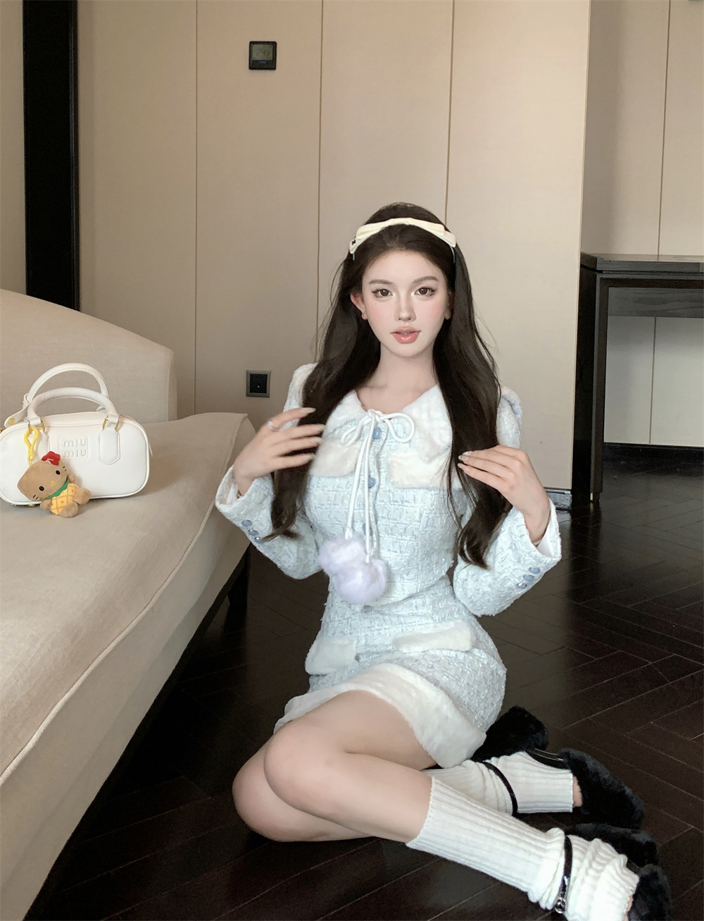 實拍小香風毛領粗花呢外套氣質名媛套裝女秋冬包臀半身裙兩件套