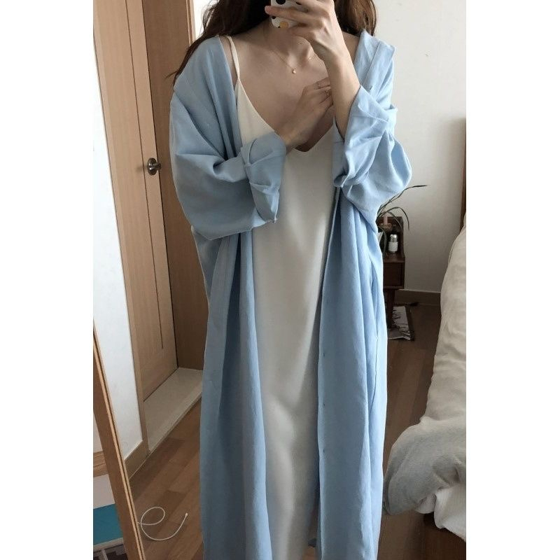 長款襯衫女長袖早秋新款寬鬆韓版設計感小眾超長款過膝大碼襯衣