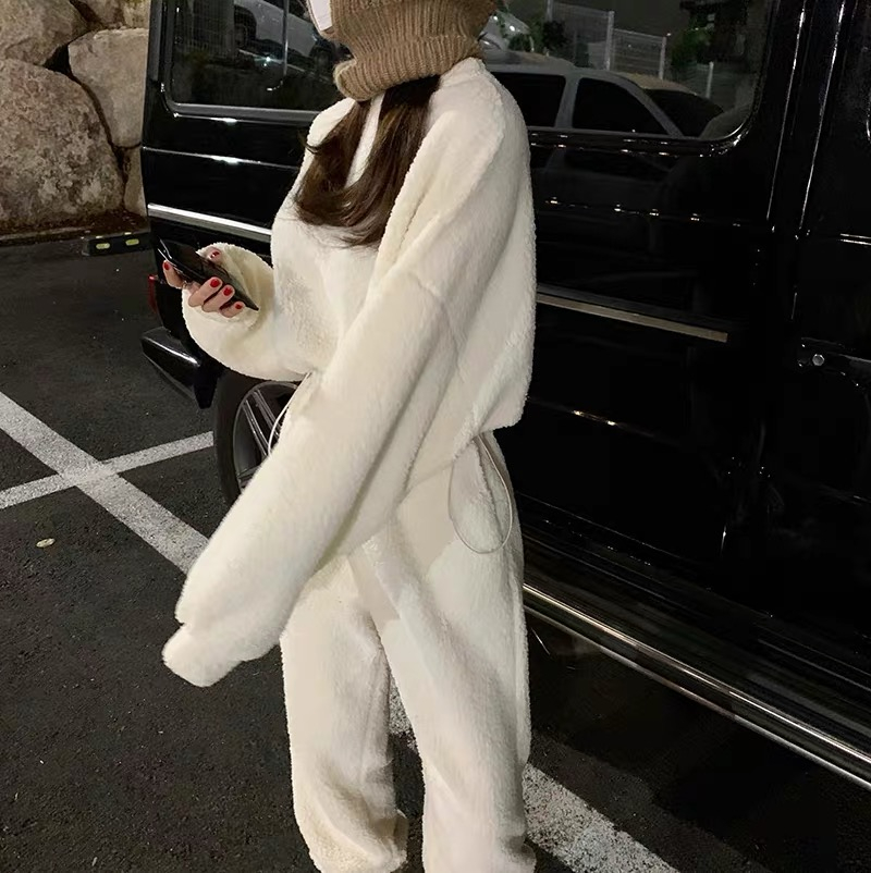 韓國羊羔絨短款衛衣女冬季保暖寬鬆純色減齡闊腿束腳衛褲兩件套潮