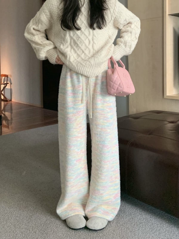 實拍～彩虹針織加絨闊腿褲寬鬆慵懶羊絨休閒褲