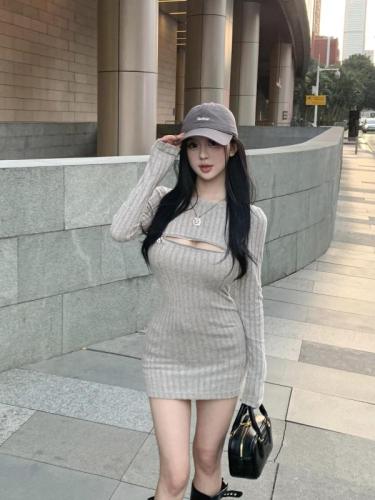 Real shot of the new autumn and winter round neck zipper small design chic sexy slim long sleeve hip-covering dress