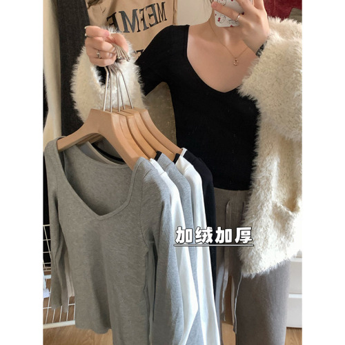 Real shot of autumn and winter velvet thickened small V-neck design warm T-shirt long sleeves with chest pad and slimming top