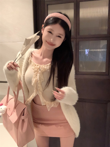 Real shot ~ Lazy style plush cardigan knitted jacket + spliced ​​lace knitted top + skirt suit