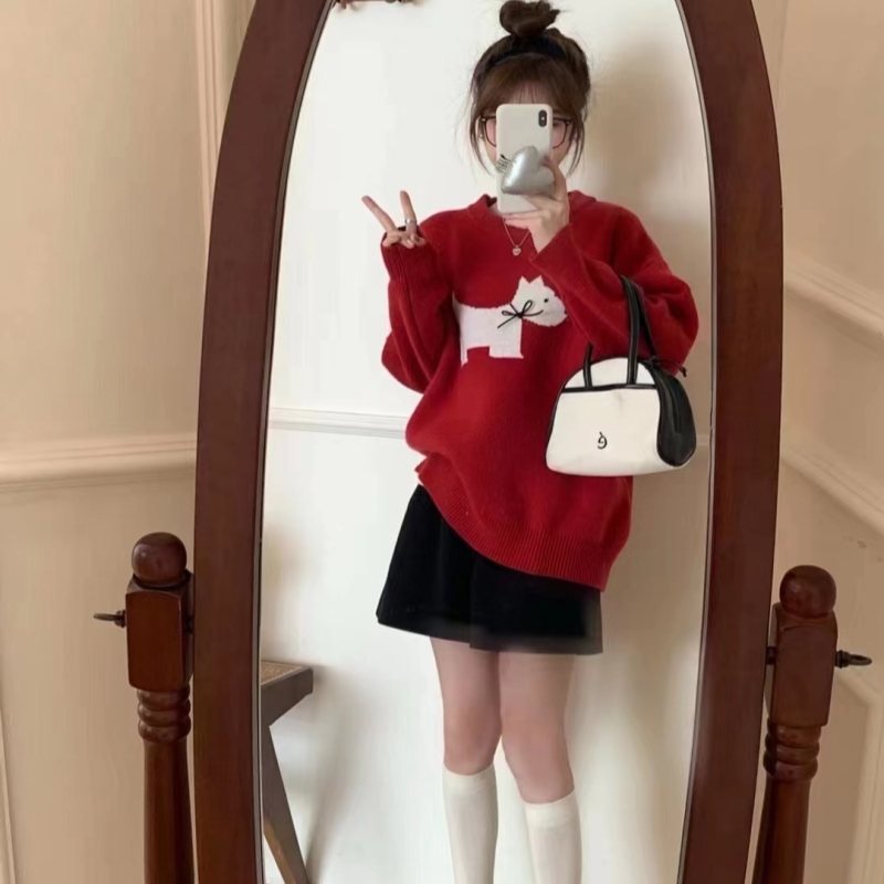 冬季新款軟糯可愛提花針織上衣甜美減齡小個子寬鬆圓領套頭毛衣潮