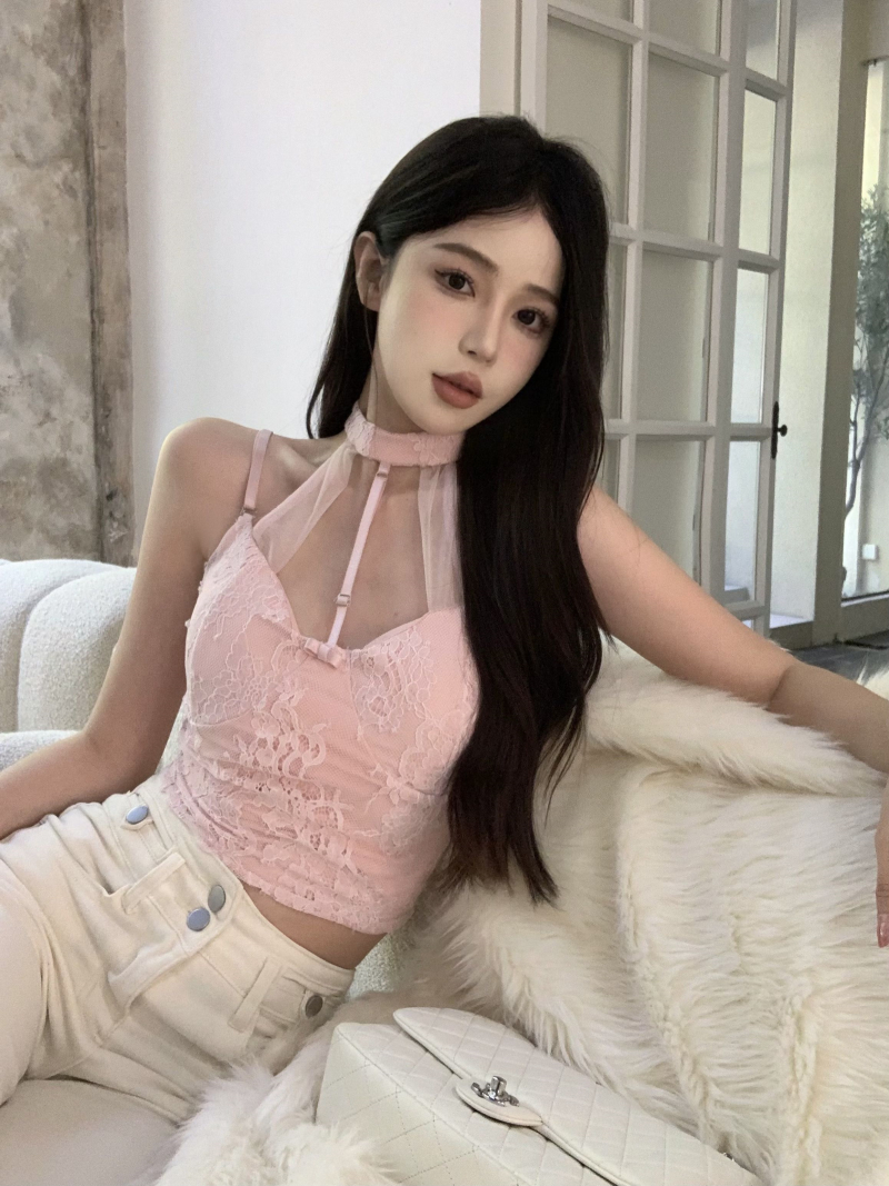 實拍    性感女人小眾掛脖蕾絲上衣純欲風網紗內搭吊帶