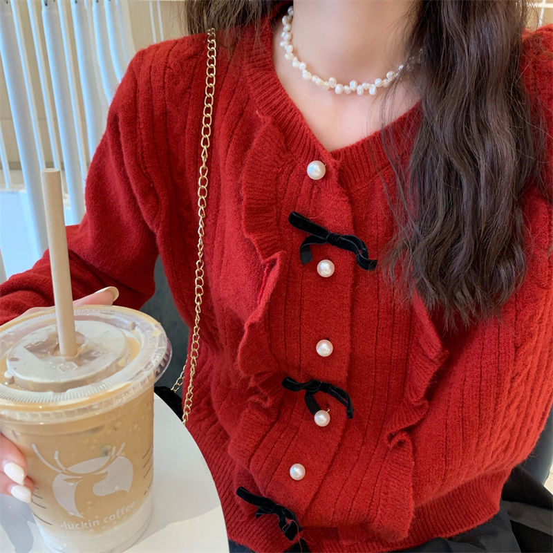 New Year's Red Suit Skirt Women's Winter 2023 Spring and Autumn Gentle Wind Sweet New Bow Knitted Top