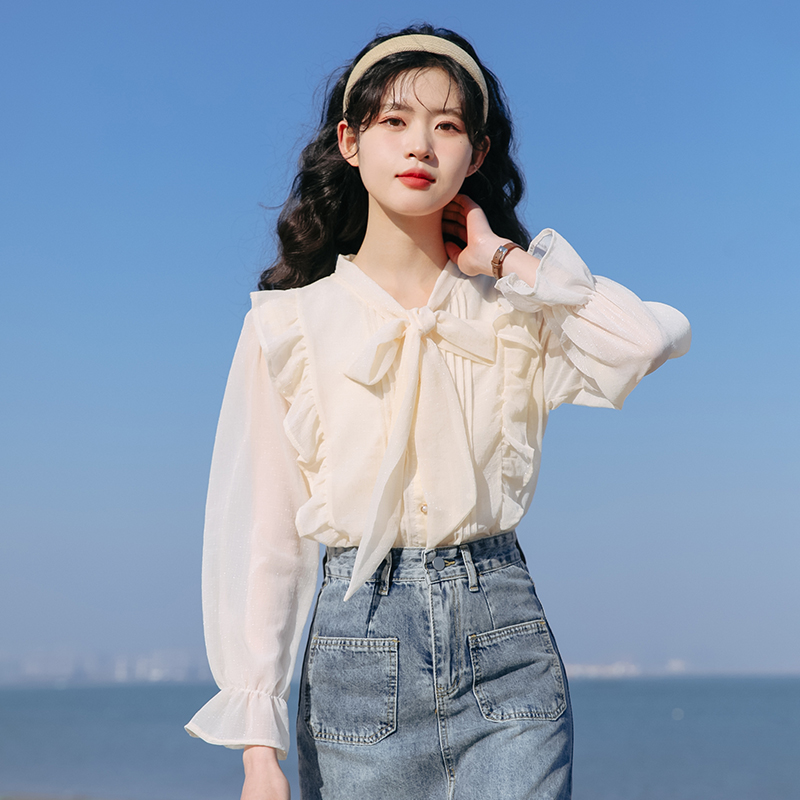 2024春裝大碼女裝百搭系帶領襯衣初戀風減齡系帶領襯衫M-4XL200斤