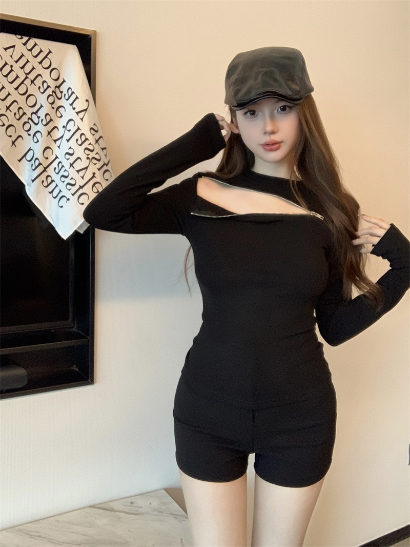 實拍 心機拉鏈黑色緊身辣妹百搭黑色長袖上衣t恤女