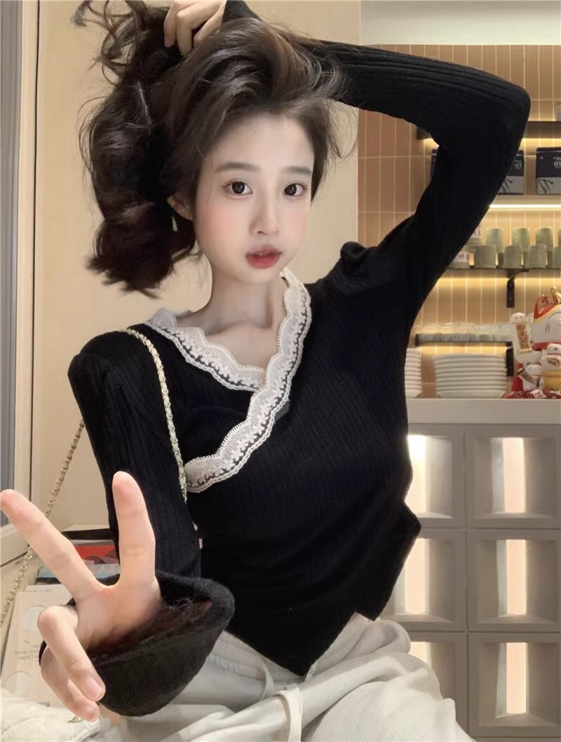 純欲v領聖誕節紅色上衣女秋冬小香風泡泡袖針織衫蕾絲打底衫內搭
