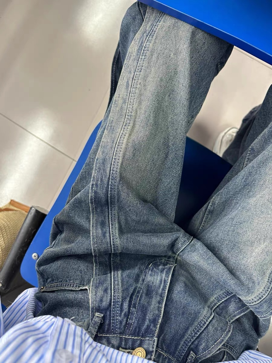 美式復古拼接設計感直筒牛仔褲女秋冬新款高腰寬鬆顯瘦高街闊腿褲