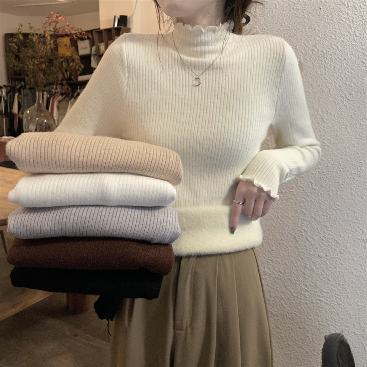 實拍加絨加厚半高領內搭打底衫女冬木耳邊修身針織衫上衣