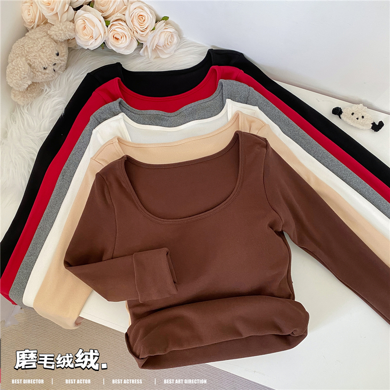 Real shot!  U-neck plus velvet thickened chest pad T-shirt women's slim long-sleeved bottoming shirt