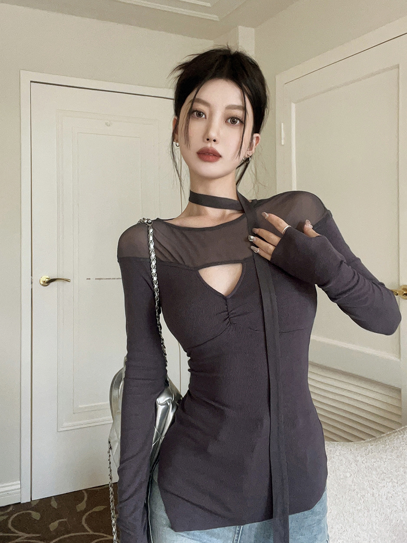 實拍2023秋冬新款性感鏤空打底衫網紗拼接純欲緊身T恤女