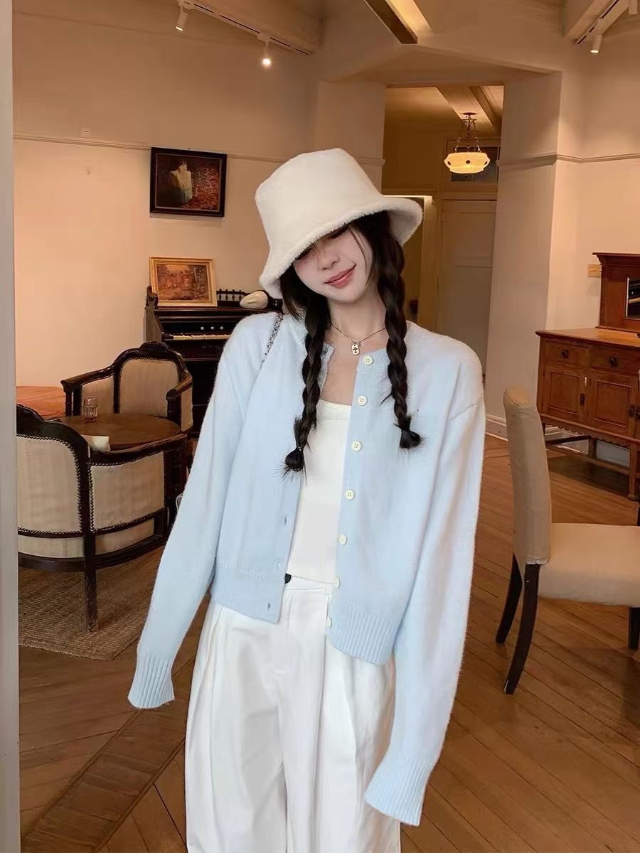 藍色開衫毛衣外套女2023秋季新款溫柔風簡約針織衫高級感軟糯上衣