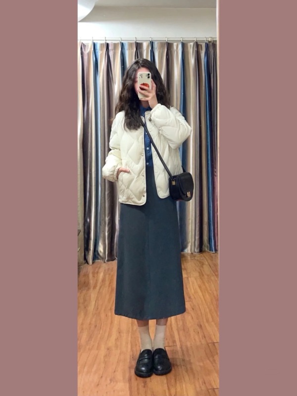 杏色菱格羽絨棉服冬季簡約百搭休閒外套藍色牛仔襯衫兩件套裝女