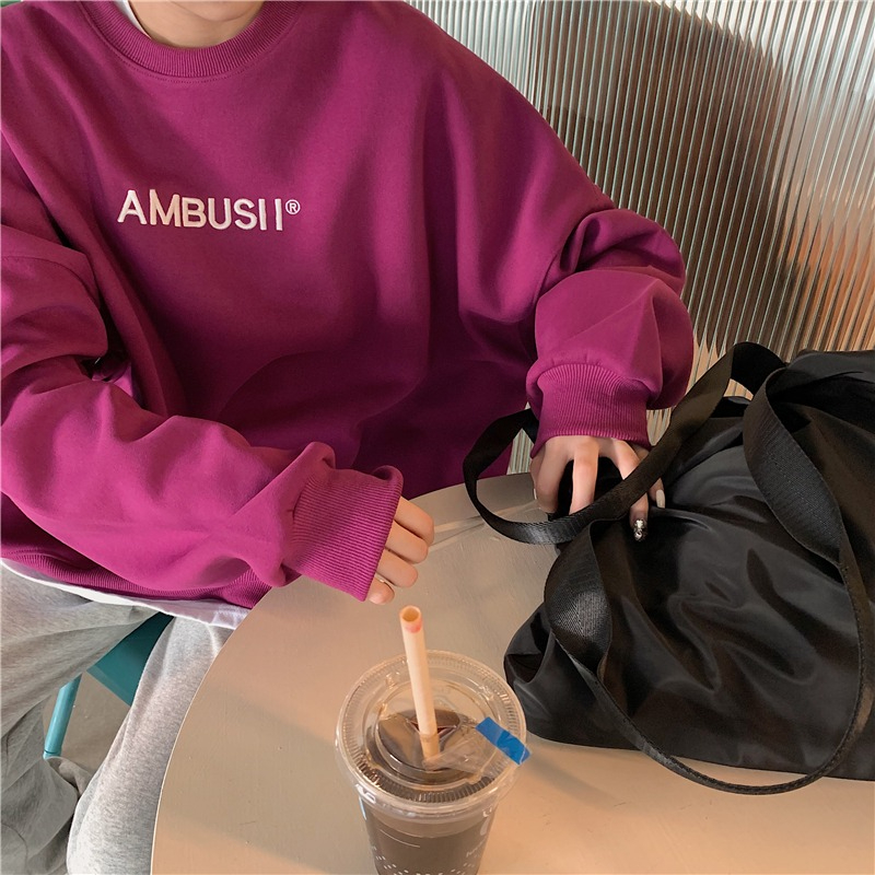加絨加厚 紫色衛衣女冬季寬鬆韓版慵懶風外套設計感小眾圓領上衣