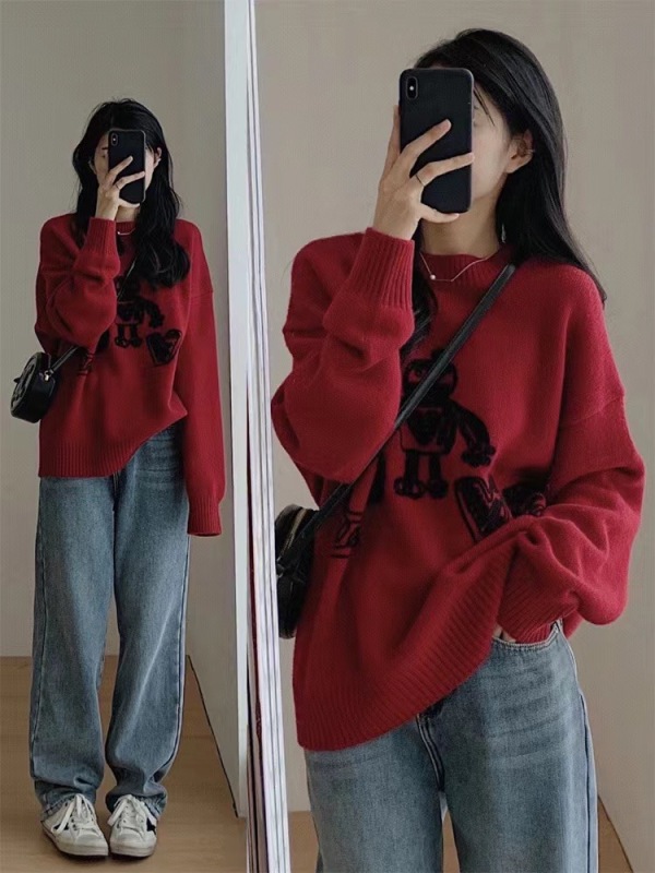 早春新款女裝兔年本命年衣服高級感超好看新年紅色毛衣女秋冬內搭