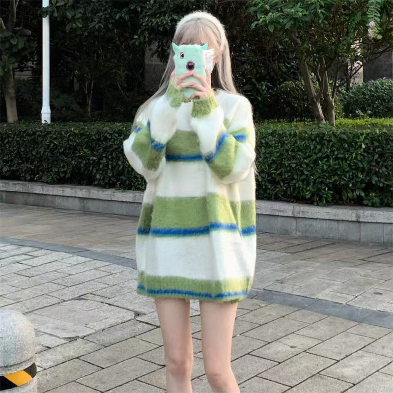 小清新減齡條紋毛衣女2023冬季新款顯瘦寬鬆圓領長袖針織衫上衣潮