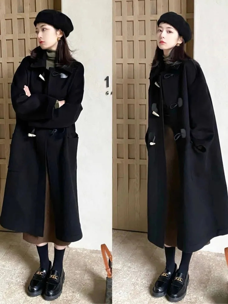 Black Horn Button Coat Women's Mid-Length Thick Autumn and Winter 2023 New Korean Style Shearling Woolen Coat