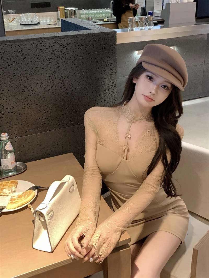 Real shot of lace stitching hollow long-sleeved dress Autumn and winter pure lust style sexy hip-hugging skirt