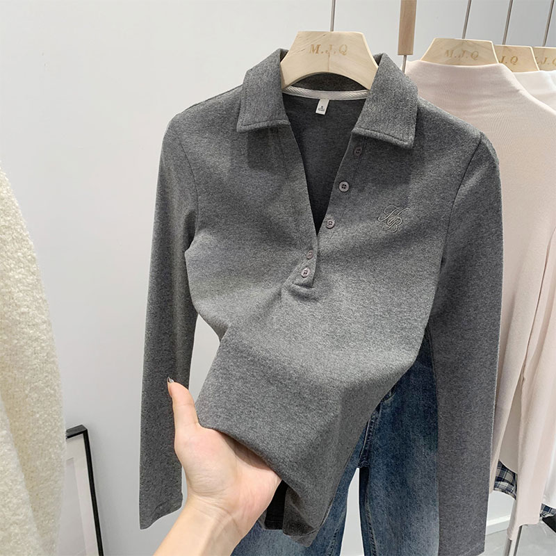 實拍圖復古polo領刺繡修身顯瘦正肩長袖T恤女2023秋冬打底衫上衣