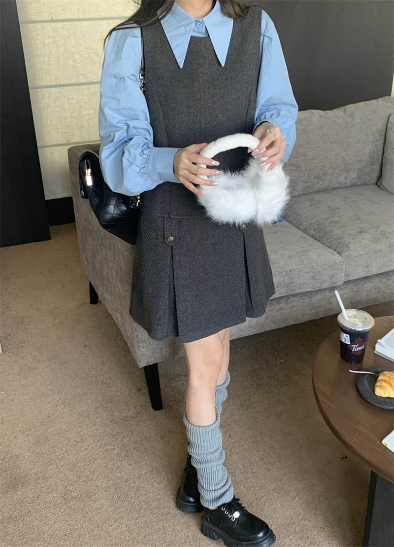 實拍~英倫風壓褶小金扣毛呢背心連衣裙+別致尖領襯衫兩件套