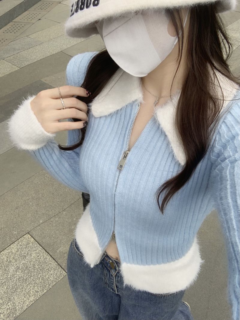 實拍三標齊小香風設計感毛絨絨拼接拼鏈開衫毛衣外套