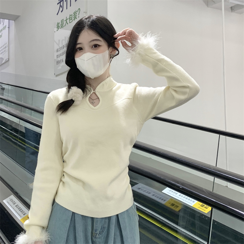 實拍~復古中式水滴領鏤空溫柔風內搭修身顯瘦毛毛長袖針織衫