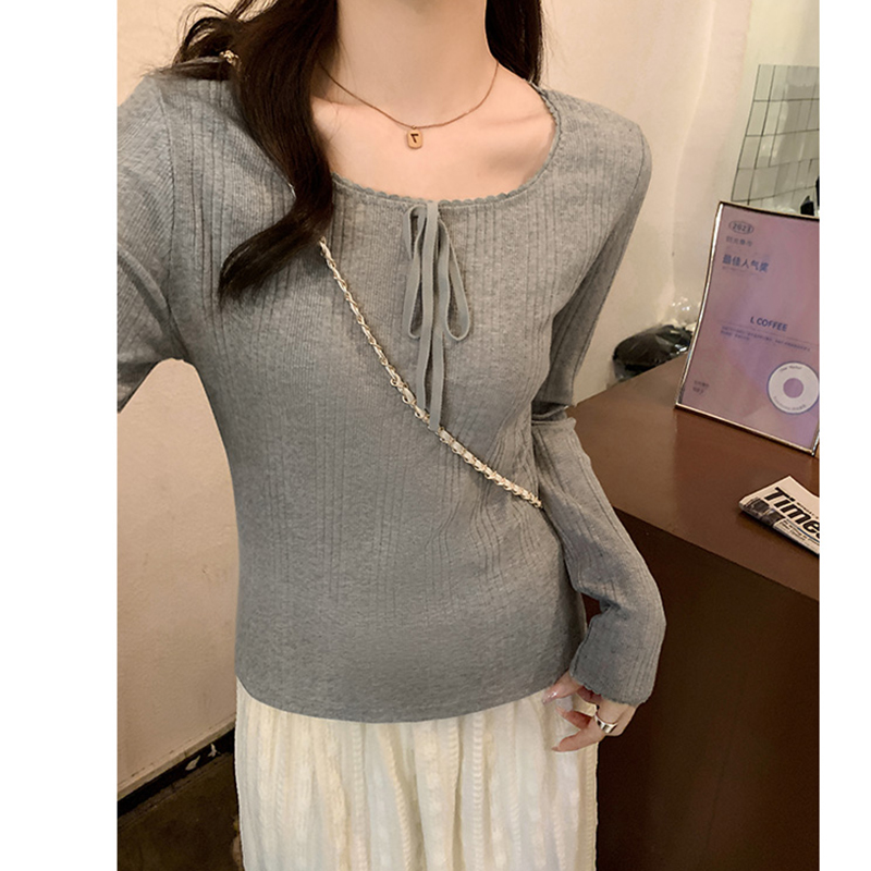 實拍法式蝴蝶結蕾絲邊拼接上衣女秋冬內搭修身長袖t恤打底衫