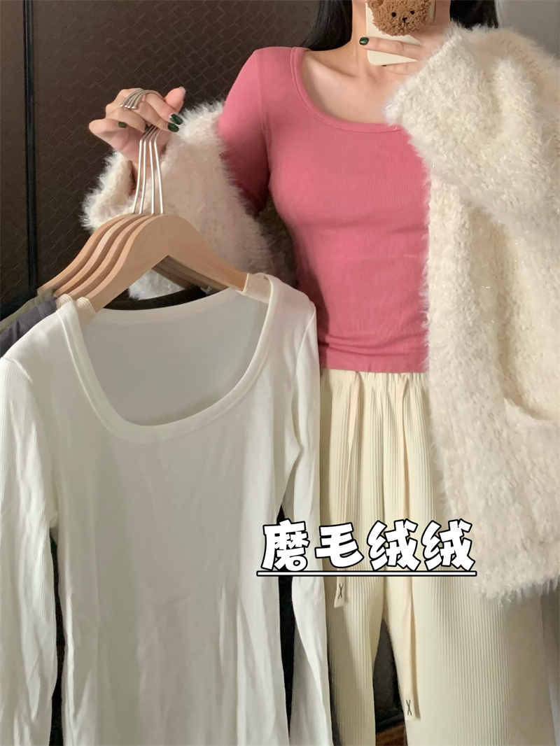 實拍秋冬磨毛絨絨保暖大U領顯瘦長袖設計感別致上衣修身T恤