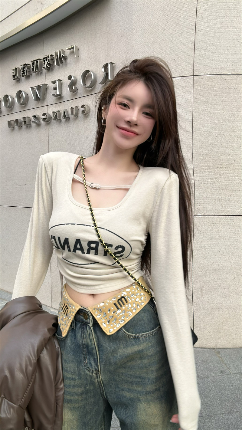 實拍 2023新款字母印花長袖t恤女內搭抽繩收腰打底衫女