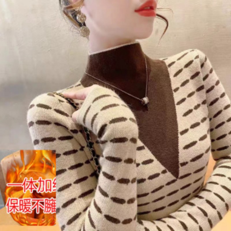 一體絨半高領打底衫女內搭上衣秋冬新款洋氣高檔條紋毛衣女