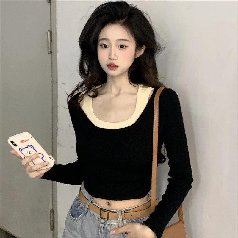 實拍~2023新款撞色針織衫設計感小眾短款長袖上衣女