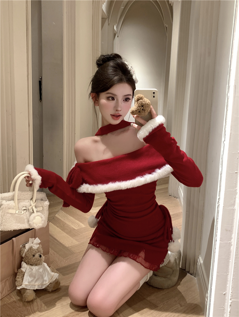 Real shot ~ Christmas halter dress for women in autumn and winter, raw edge hip skirt, red New Year shirt