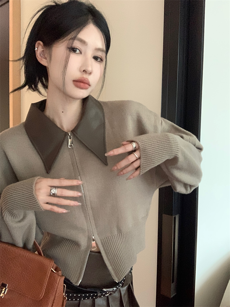 實拍 美拉德風polo領針織開衫雙頭拉鏈慵懶風毛衣外套
