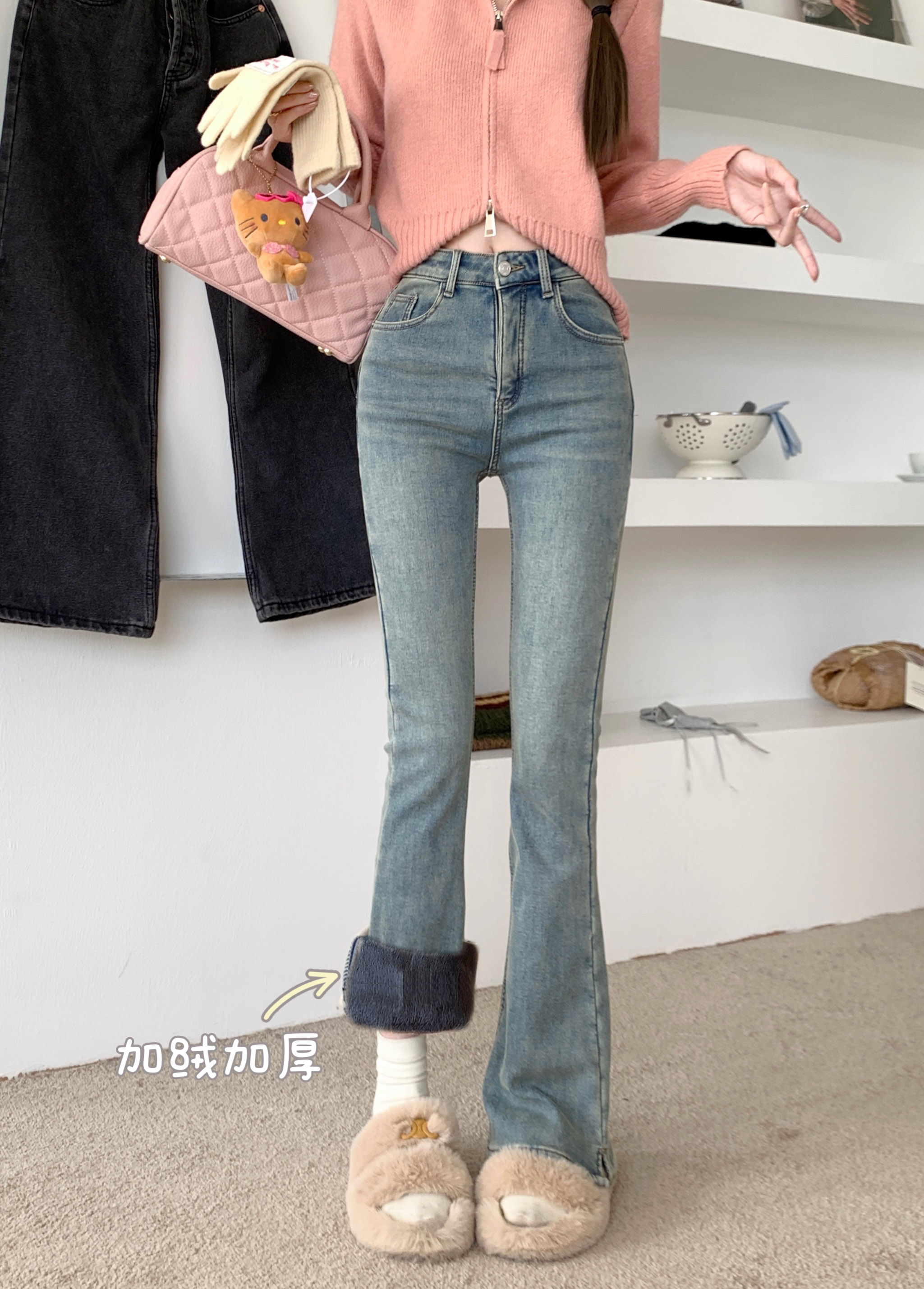 實拍冬季彈力開叉微喇直筒彈力加絨加厚牛仔褲