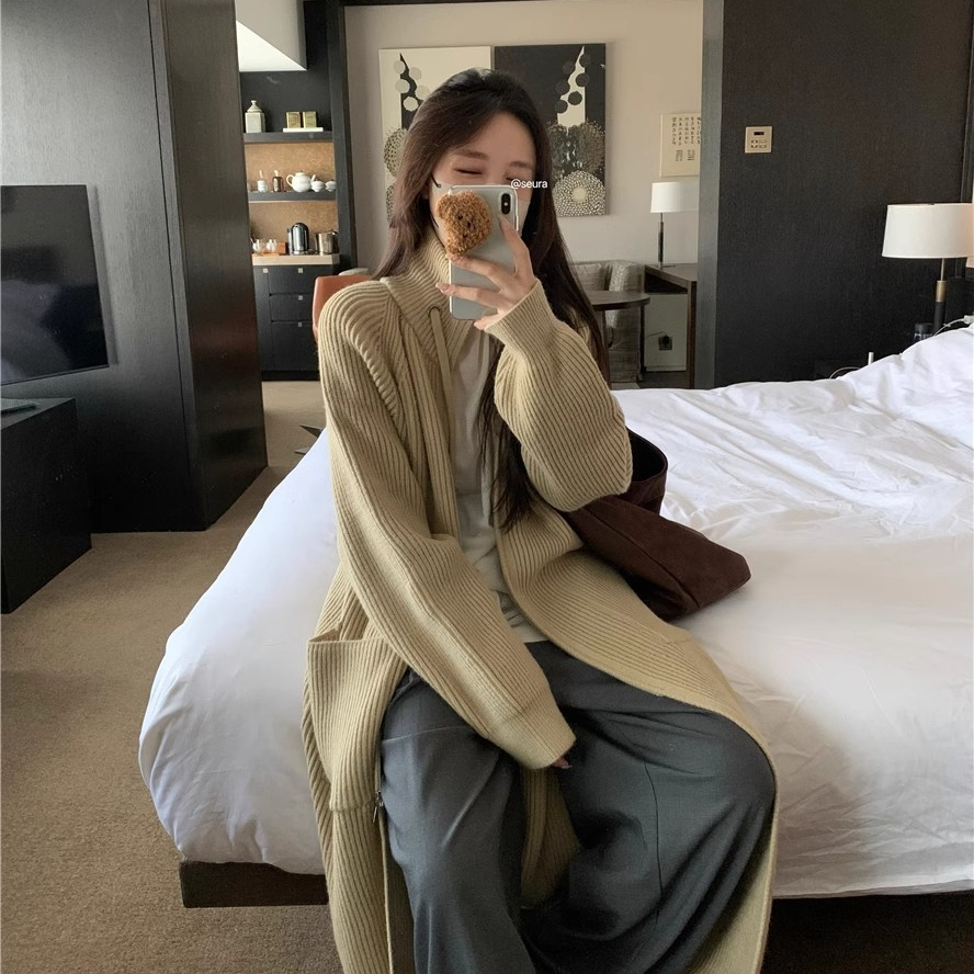 秋冬加厚立領拉鏈針織開衫女長款寬鬆慵懶風時尚毛衣外套