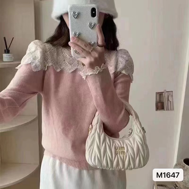 2023秋冬新款韓版甜美減齡花邊蕾絲拼接長袖上衣女
