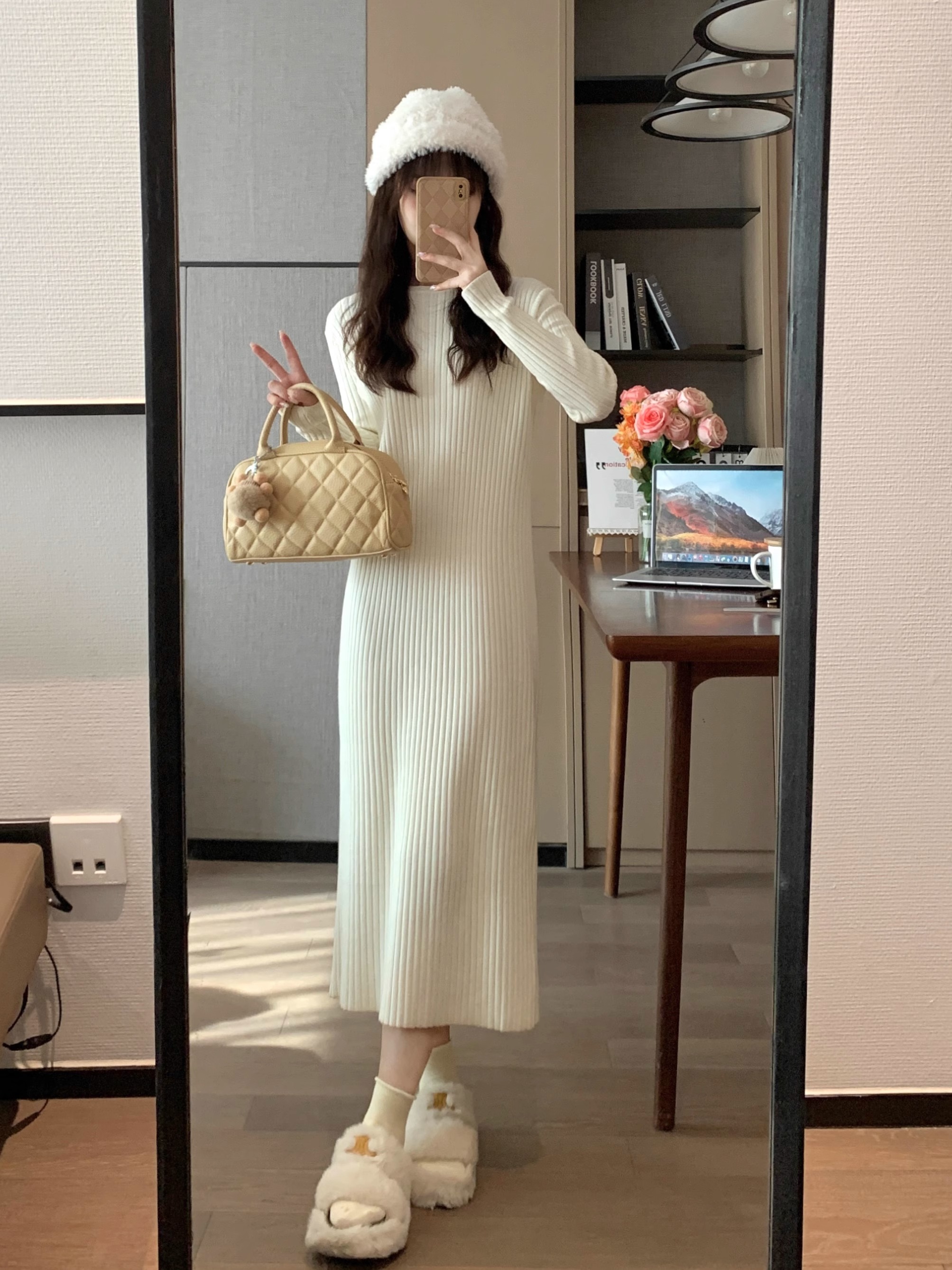 大碼女裝秋冬新品奶油白色寬鬆顯瘦長款針織裙內搭打底毛衣連衣裙